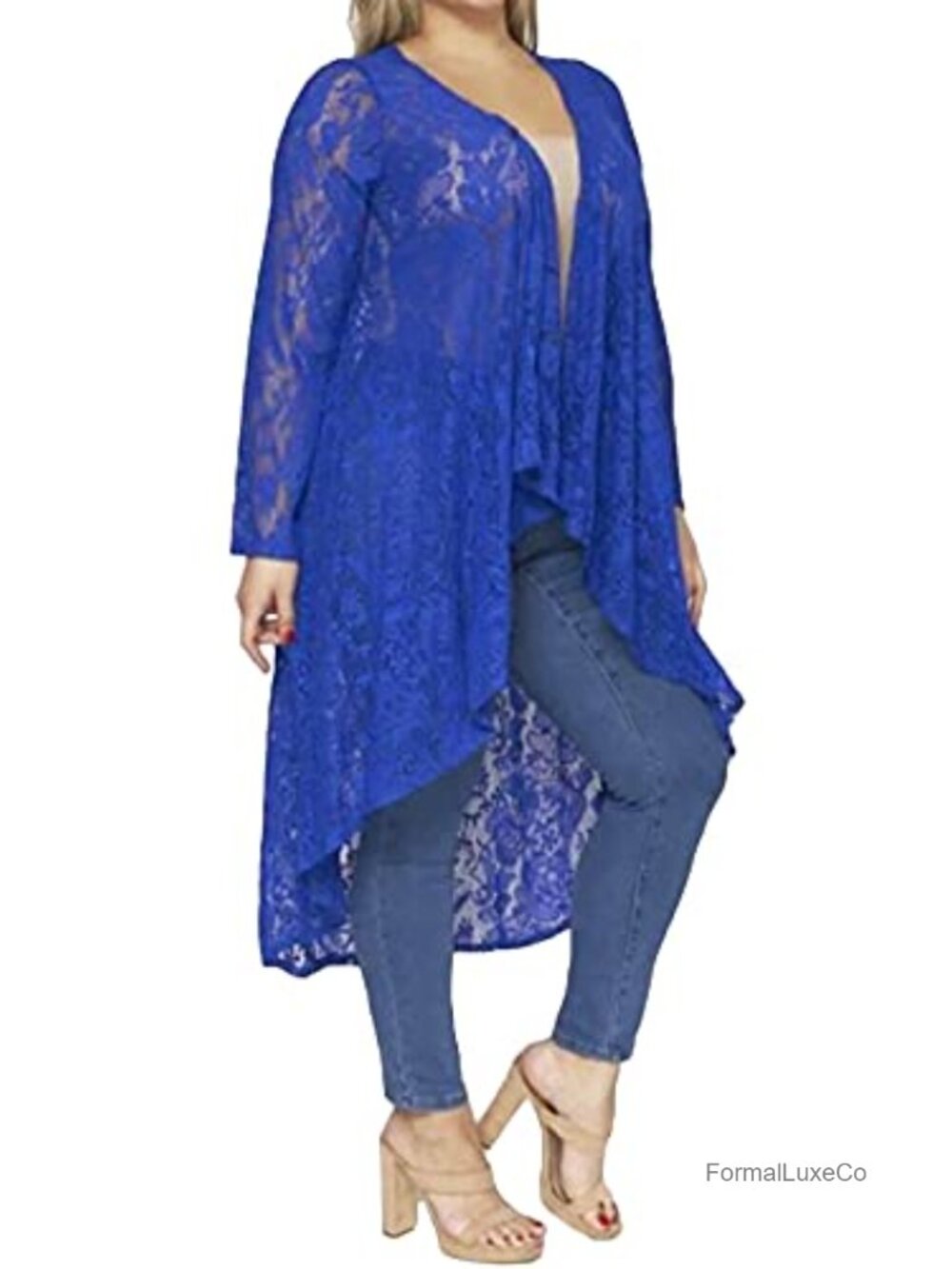 Sheer Lace Long Sleeve Duster Cardigan Open Front Hi-Low Relaxed Fit